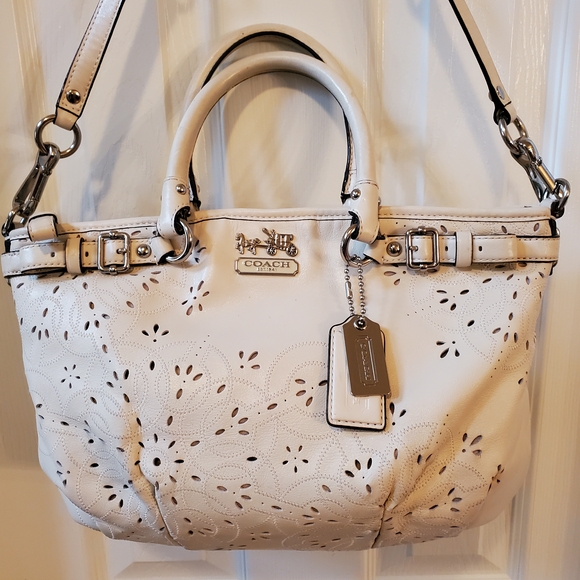 COACH- Madison- Laser Cut Eyelet Satchel- Cream Leather -2 WAY